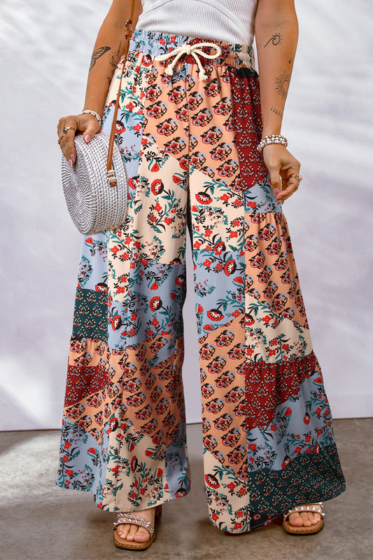 Multicolor Boho Style Drawstring Wide Leg Pants