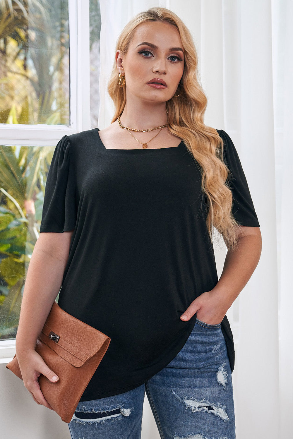 Plus Size  Ruched Shoulder Short Sleeve Top