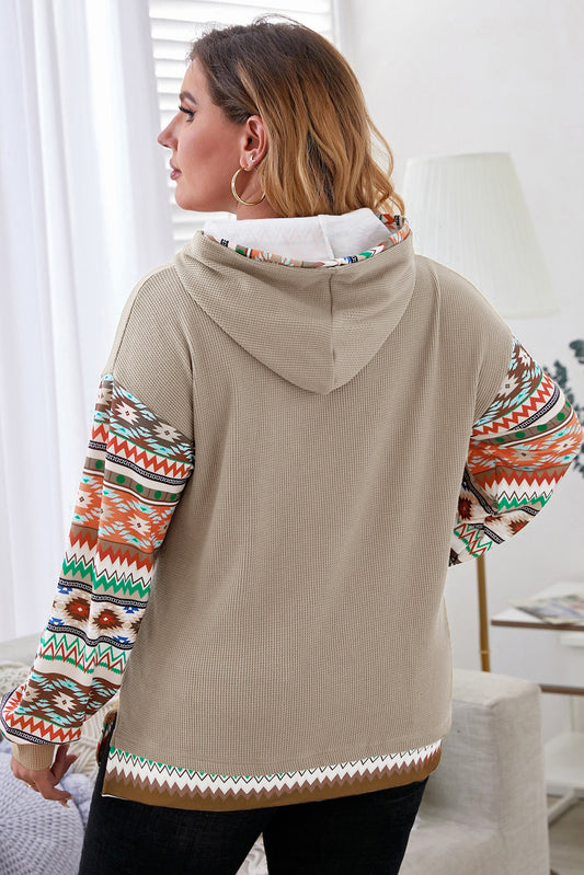 Camel Aztec Patchwork Sleeve Plus Size Hoodie