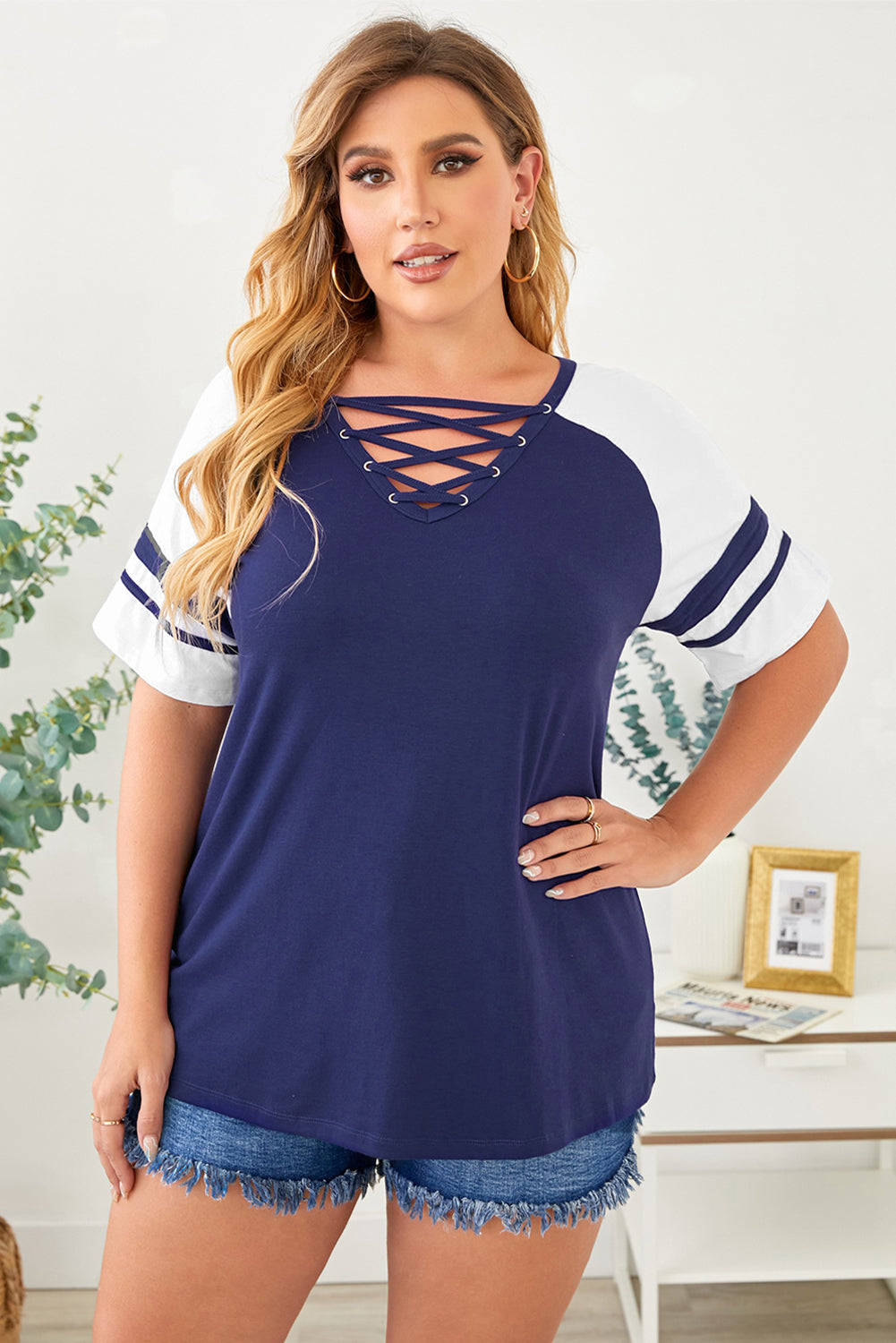 Blue Crisscross Raglan Sleeve Plus Size Tee