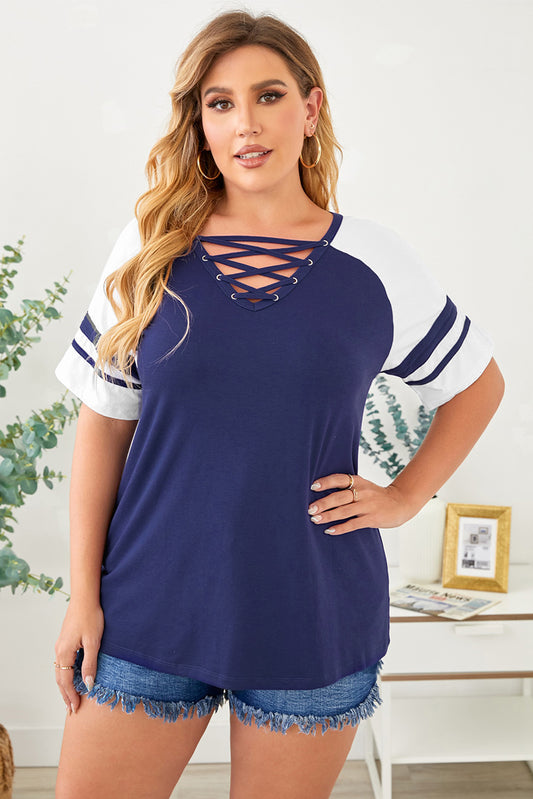 Blue Crisscross Raglan Sleeve Plus Size Tee