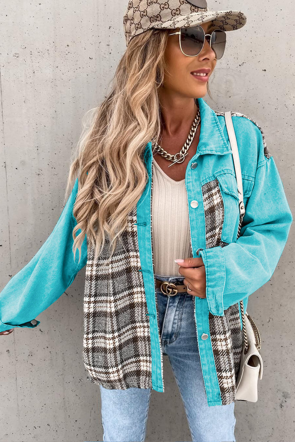 Loose Fit Sky Blue Plaid Patchwork Denim Jacket