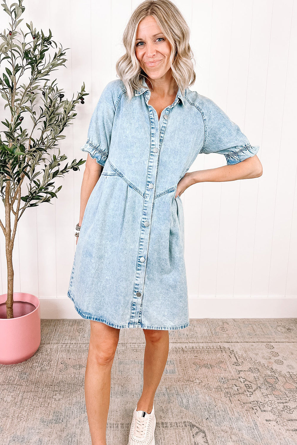 Medium Grey Mineral Wash Ruffled Short Sleeve Buttoned Denim Dress