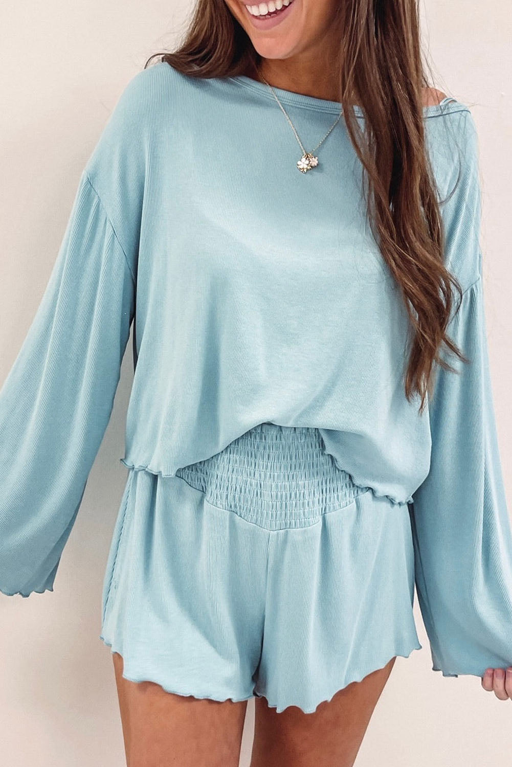 Sky Blue Long Sleeve Top & High Waisted Shorts Set