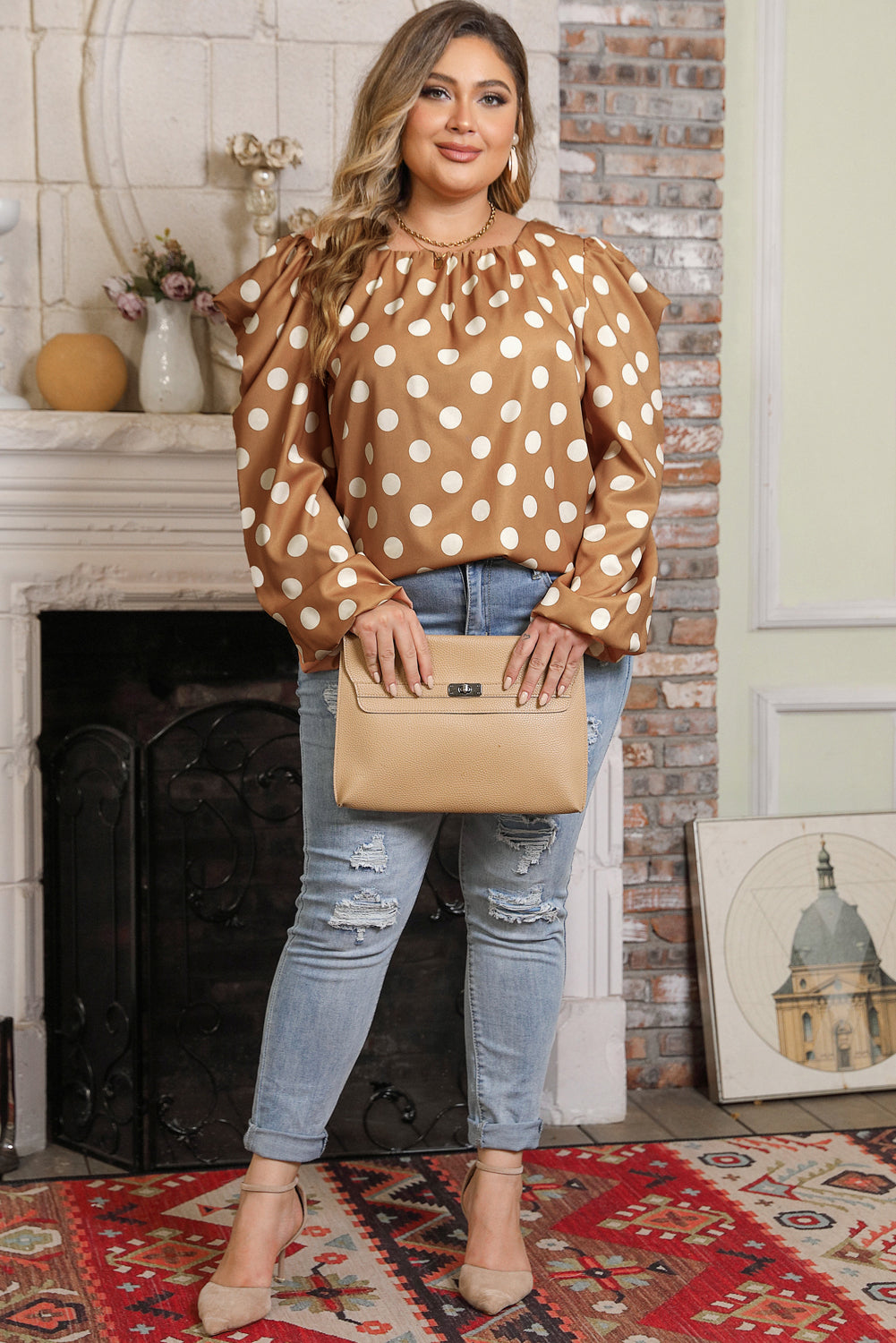 Khaki Plus Size Polka Dot Ruched Neckline Blouse