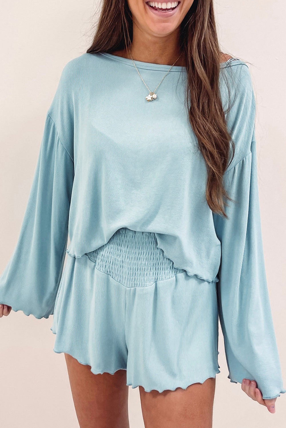 Sky Blue Long Sleeve Top & High Waisted Shorts Set