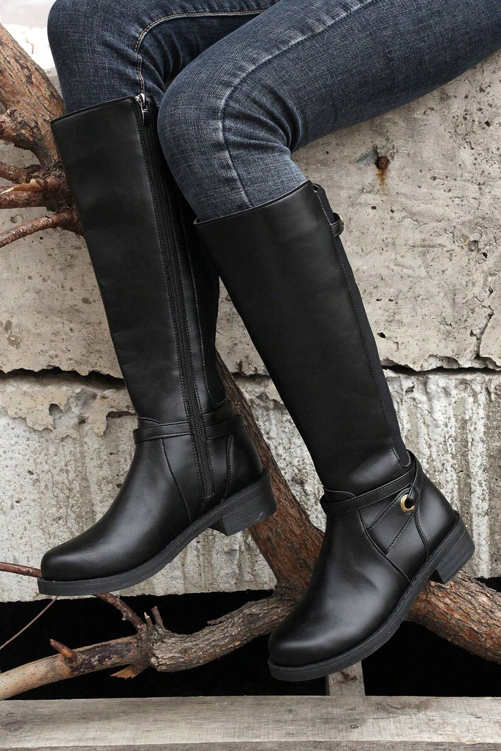 Black Side Zipper Knee High Boots