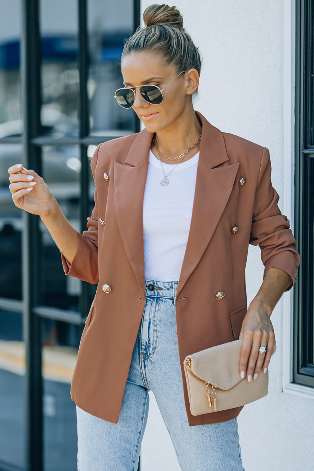 Double Breasted Casual Brown Blazer for Women