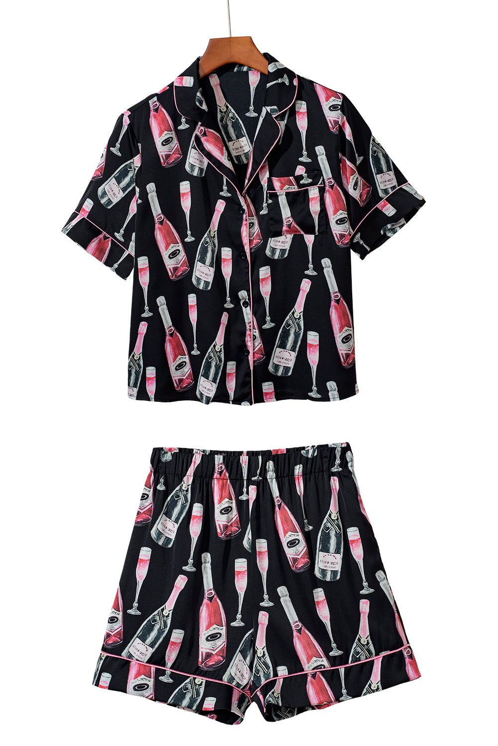 Black Champagne Print Silky Pajamas Set