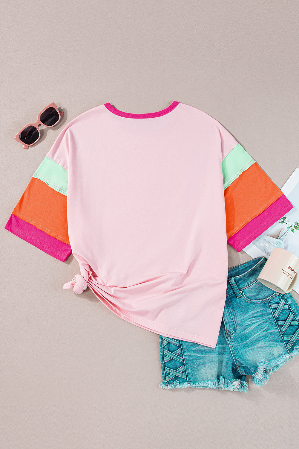 Pink Color Block Plus Size T Shirt