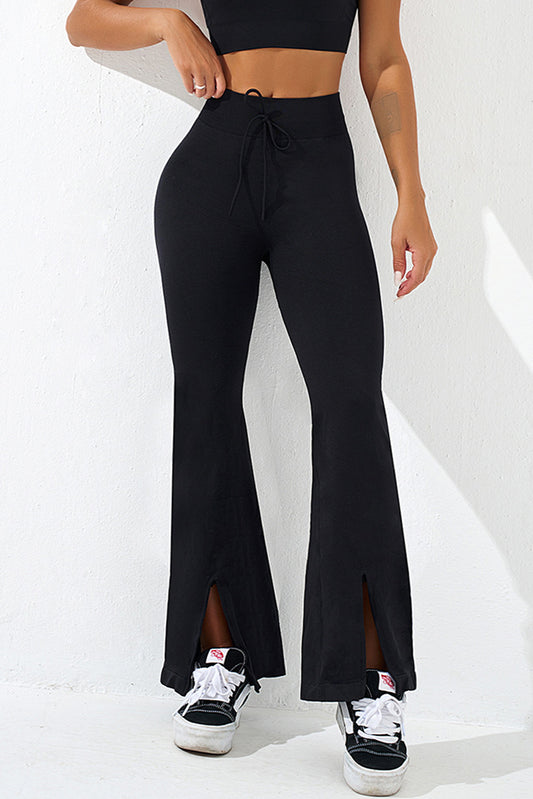 Black Drawstring High Waist Split Flared Leggings