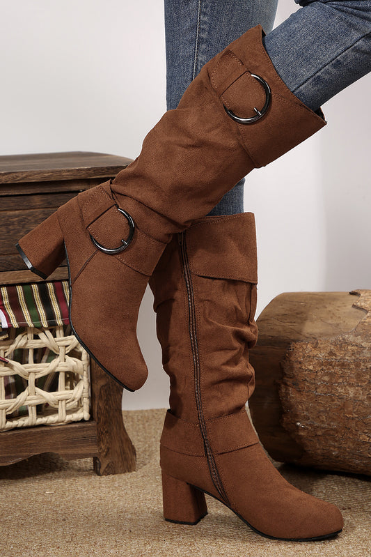 Coffee Suede Buckled Side Zip-Upboot Mid-calf Boots