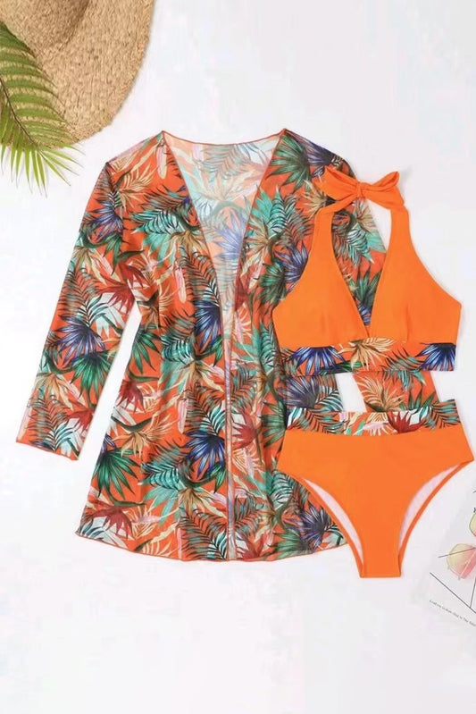 Orange 3pcs Tropical Halter Bikini Set with Cover up