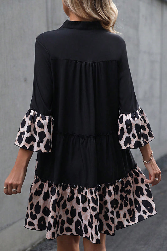 Black Leopard Patchwork Ruffle Curvy Dress