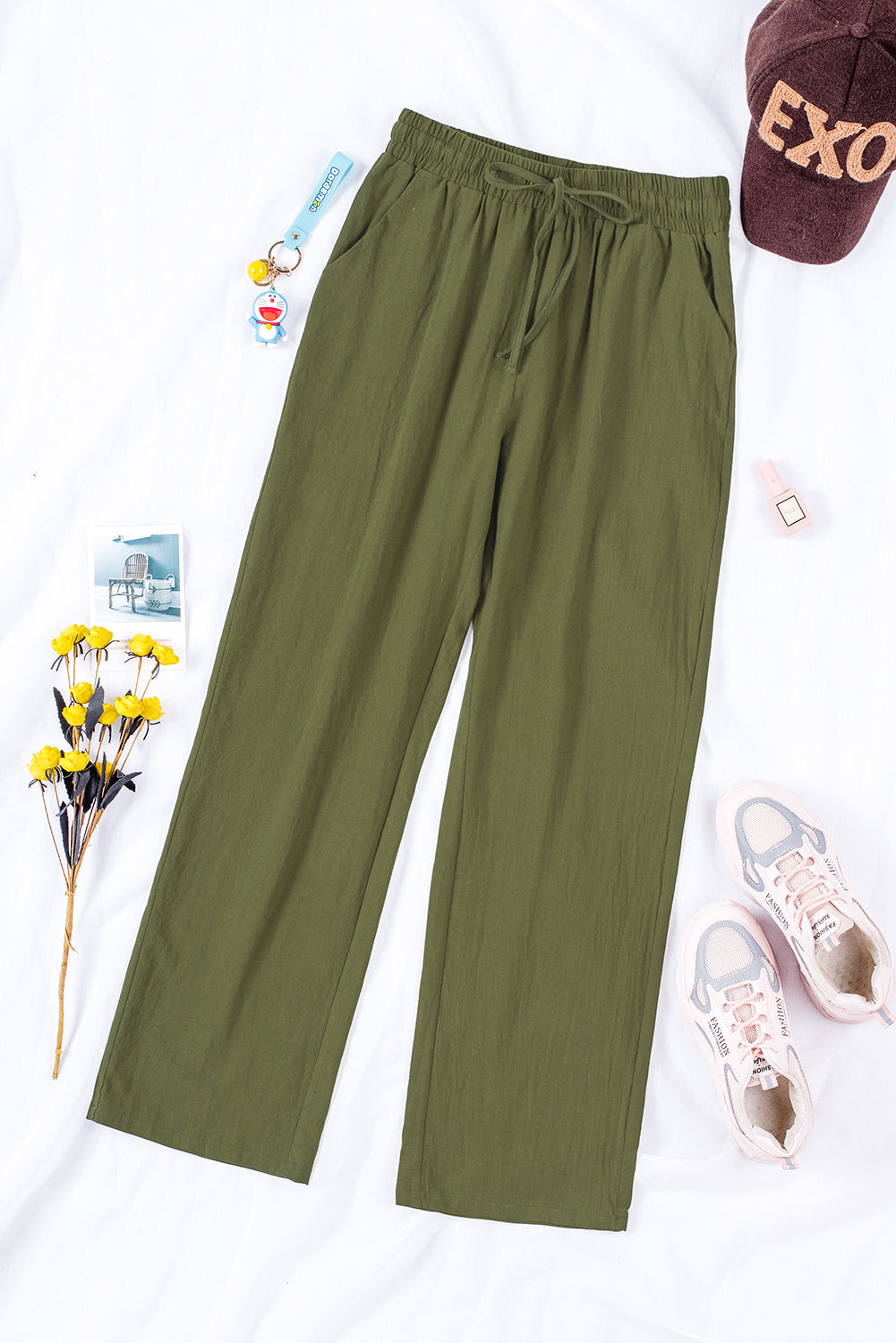 Green Drawstring Elastic Waist Straight Legs Pants