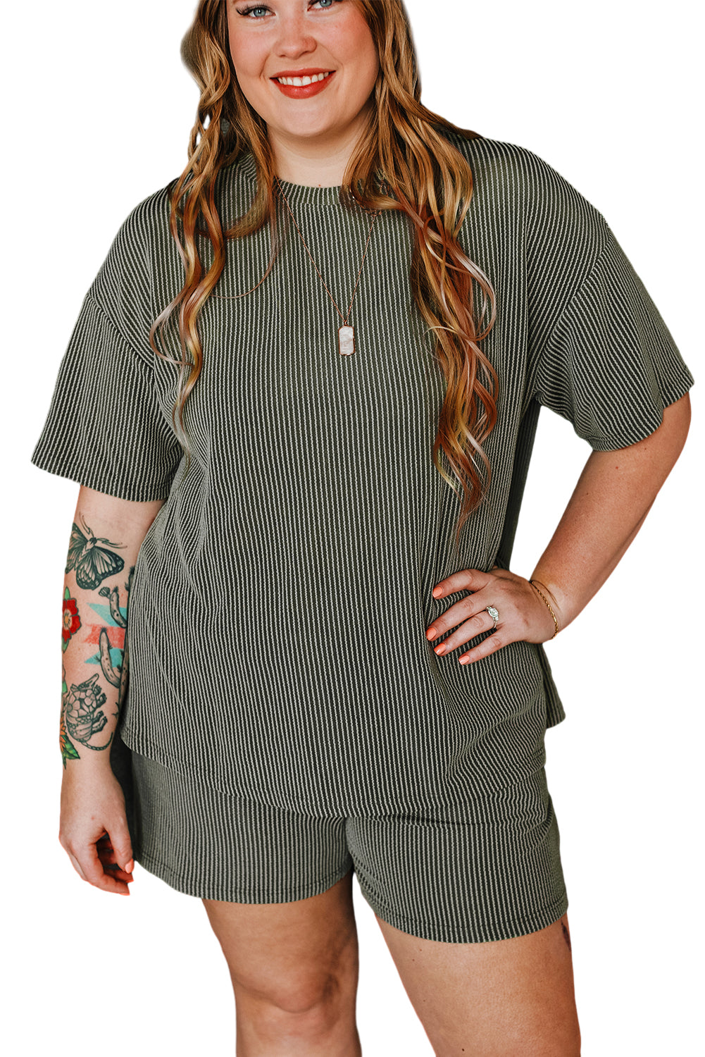 Moss Green Plus Size Rib Knit Shorts Set