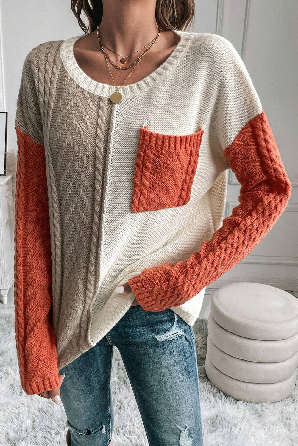 Green Colorblock Drop Shoulder Sweater