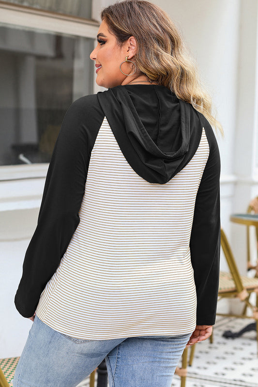 Black Striped Raglan Sleeve Plus Size Hoodie