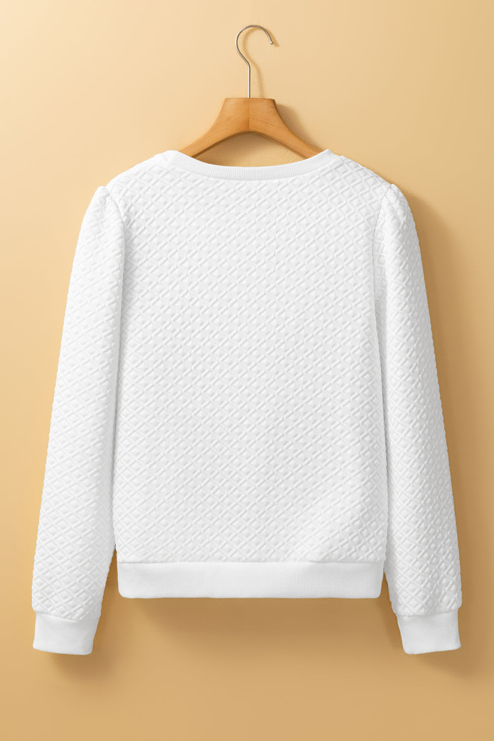 White Puff Textured Long Sleeve Round Neck Top