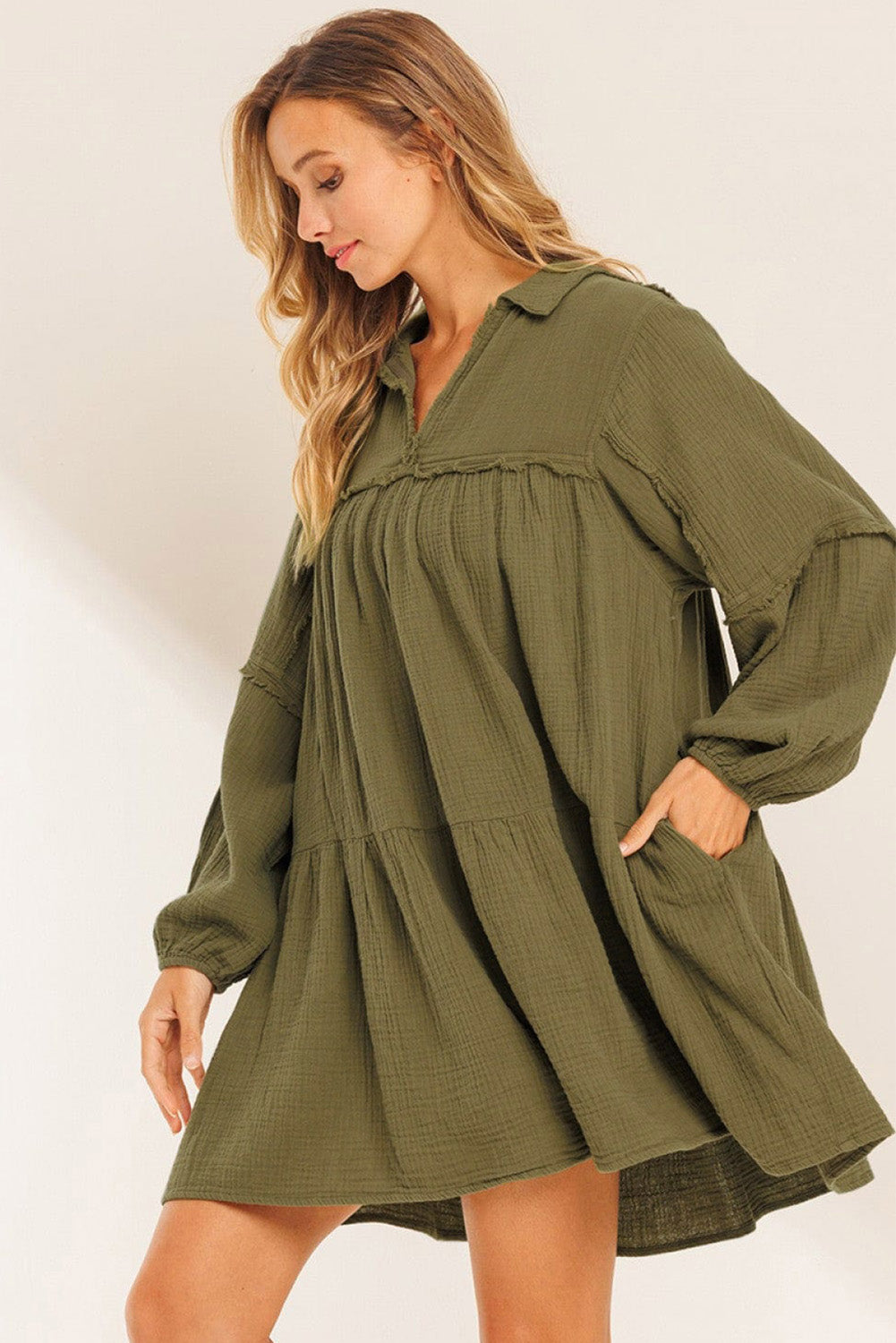 Green Frayed Trim Puff Sleeve Flared Dress