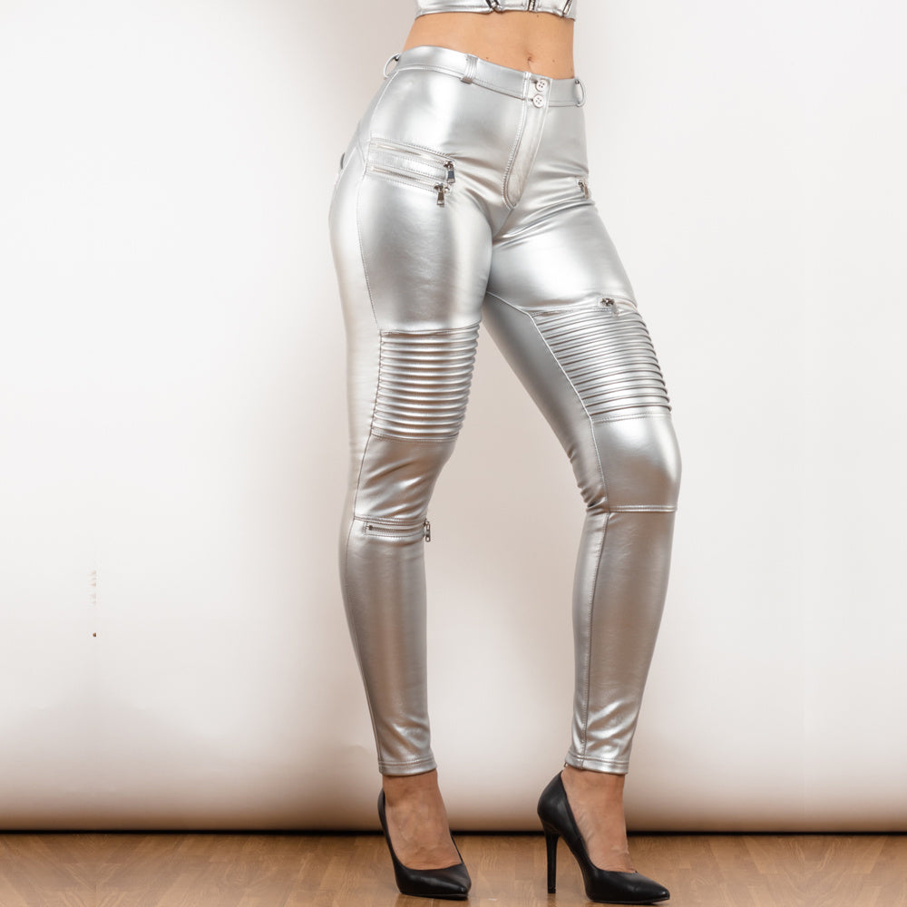 Silver PU Leather Slim Biker Pants