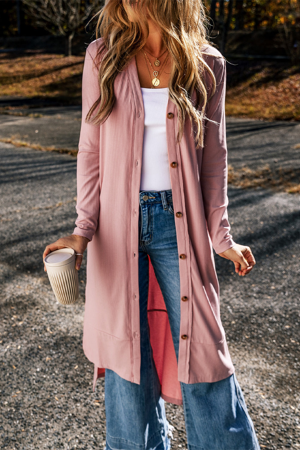 Gray Ribbed Button-Up Duster Cardigan