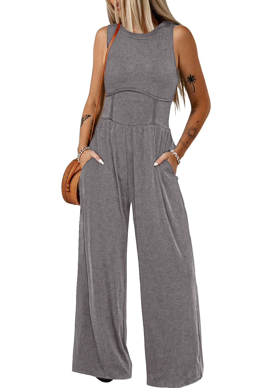 Grey Cinched Waist Sleeveless Wide Leg Jumpsuit