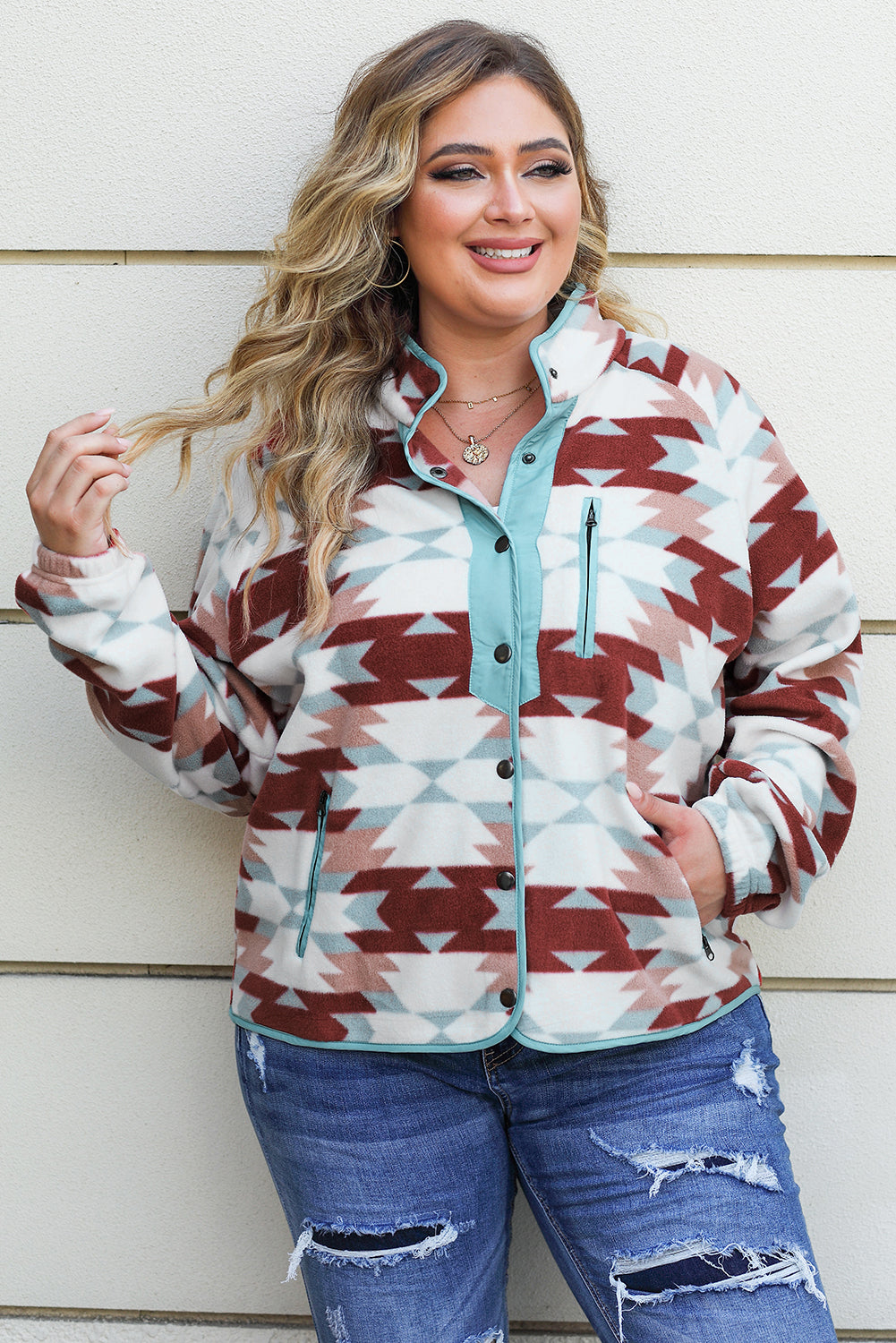 Plus Green Geometric Aztec Pattern  Fleece Jacket