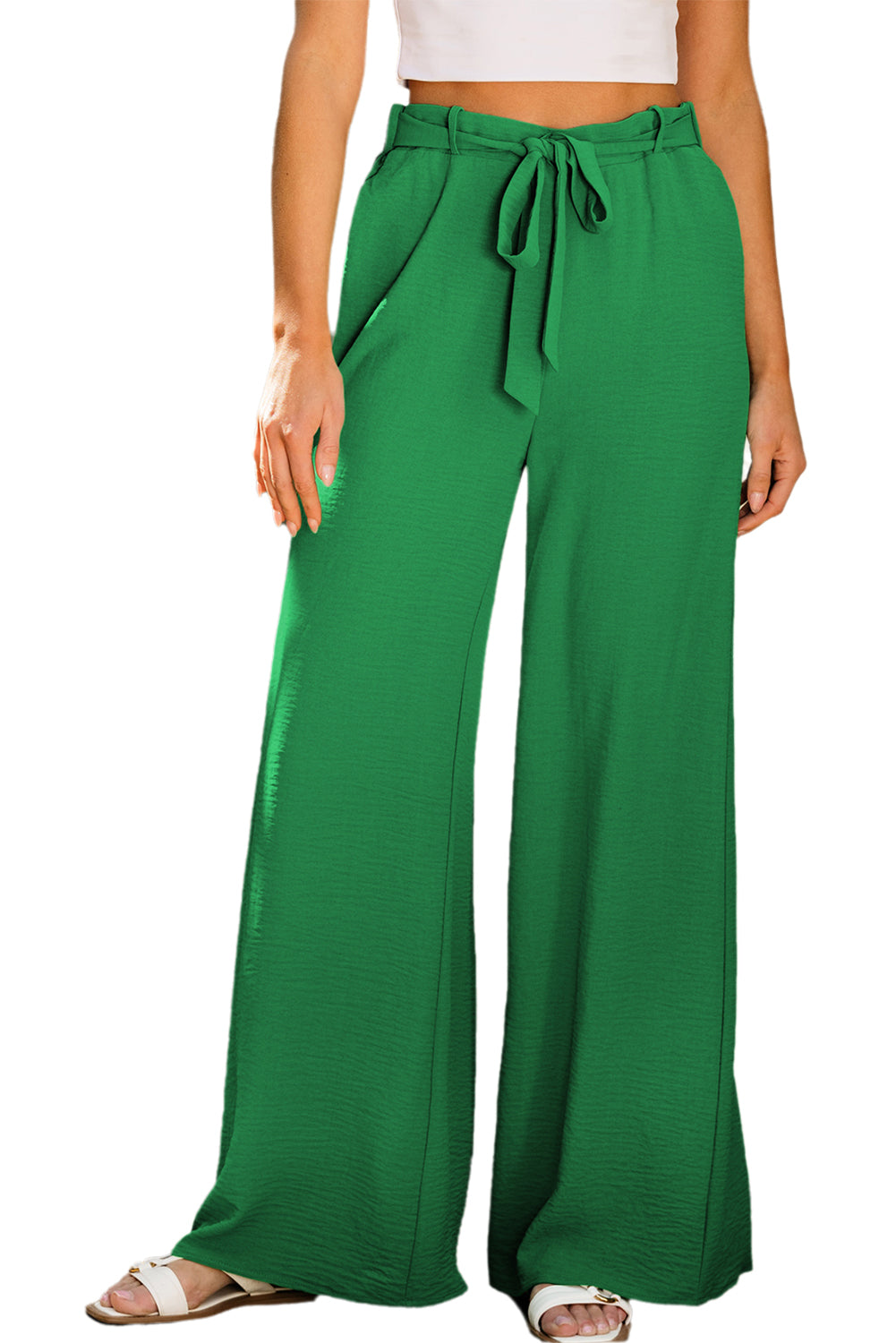 Bright Green High Waisted Belted Wide Leg Pants