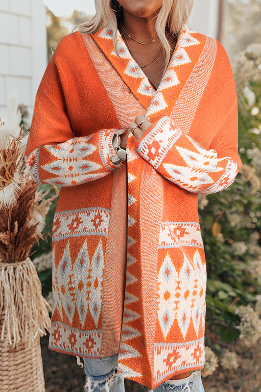 Orange Aztec Print Knitted Cardigan