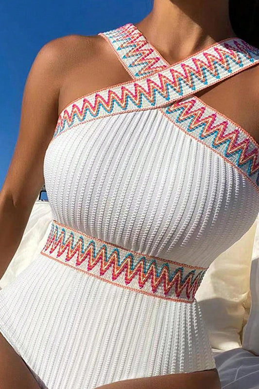 White Boho Print Cross Straps One-Piece Swimsuit