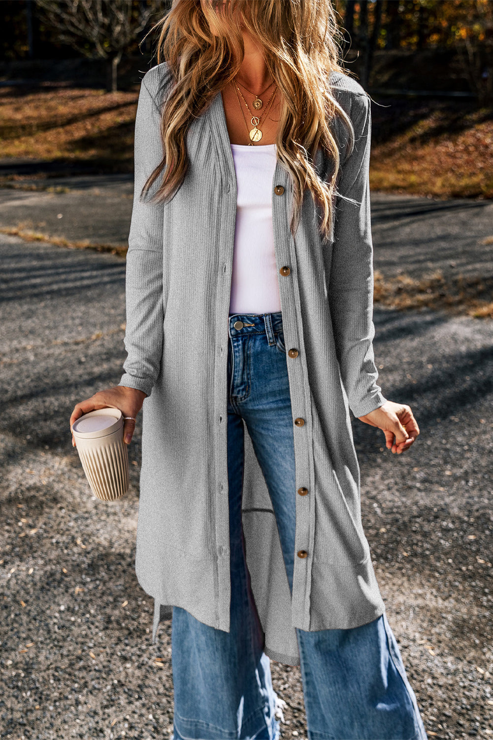 Gray Ribbed Button-Up Duster Cardigan