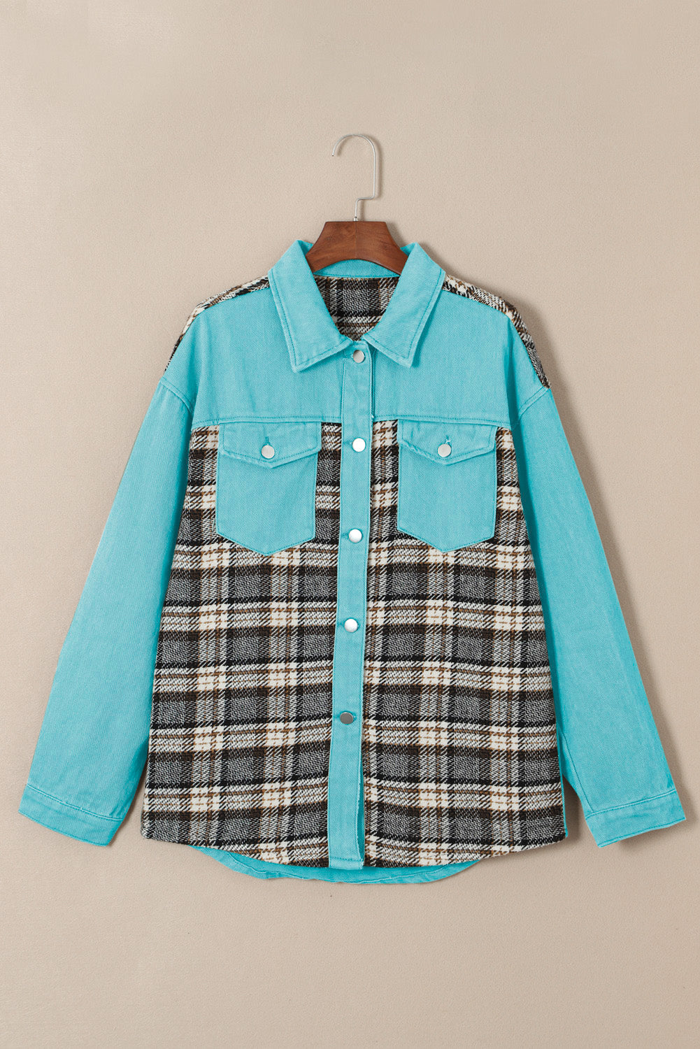 Loose Fit Sky Blue Plaid Patchwork Denim Jacket