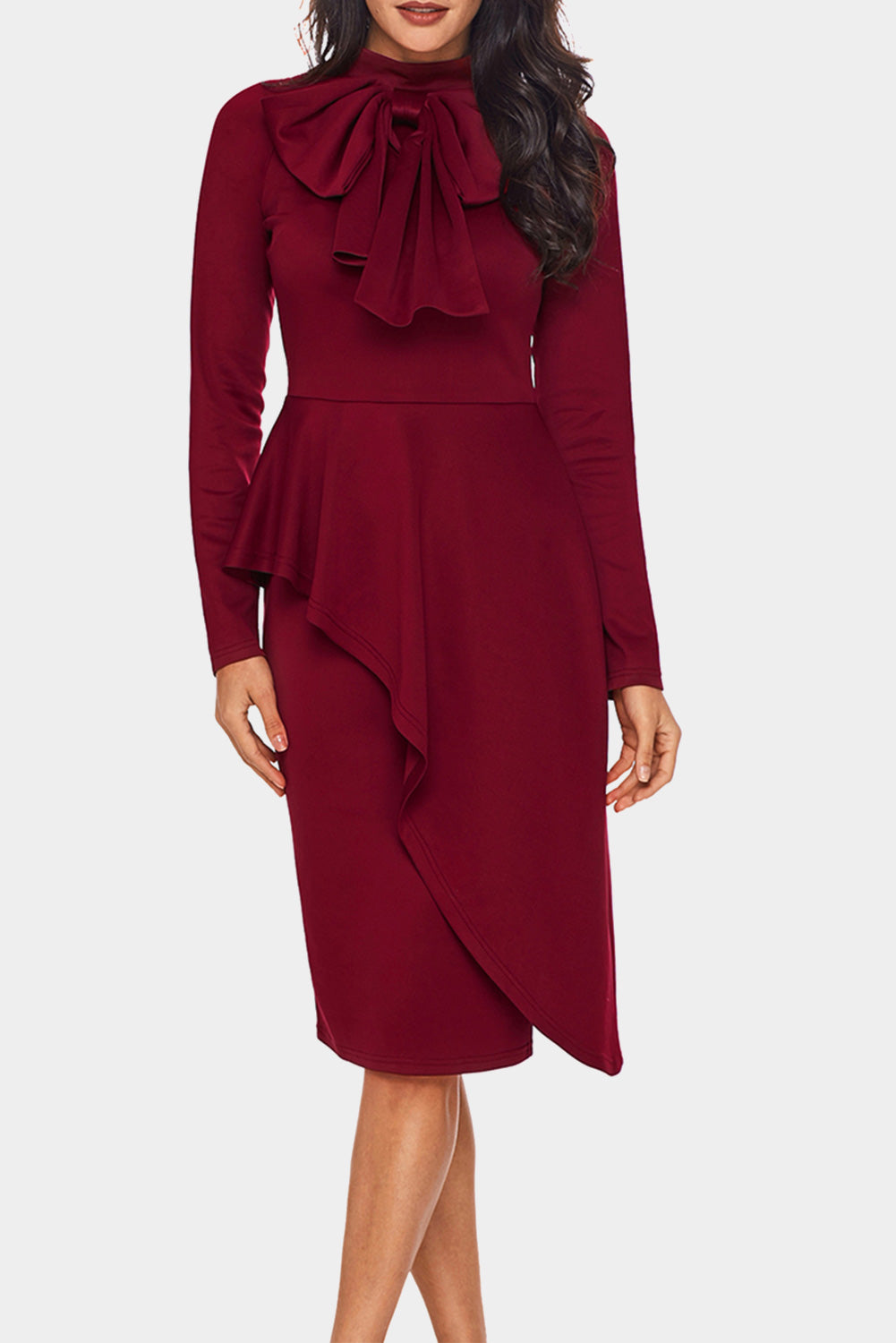 Modest Asymmetric Peplum Style Bow Dress