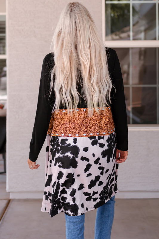 Black Western Cow Pattern Patchwork Cardigan