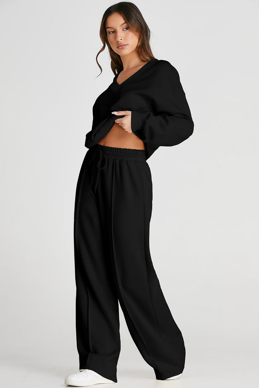 Black V Neck Sweatshirt & Seamed High Waist Pants Set