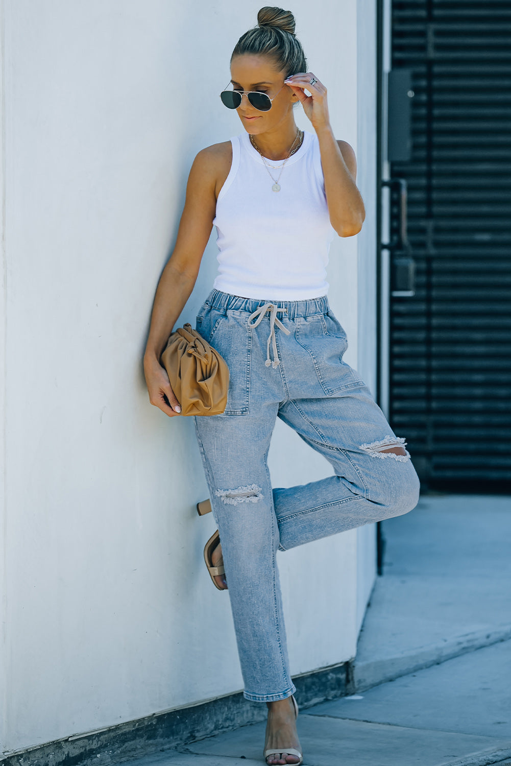 Sky Blue Distressed Pocketed Denim Jogger