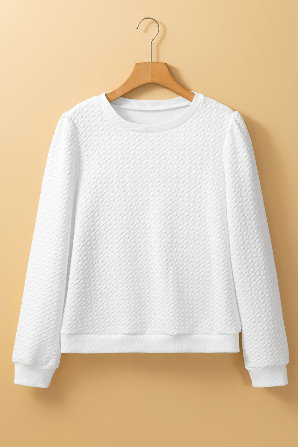 White Puff Textured Long Sleeve Round Neck Top