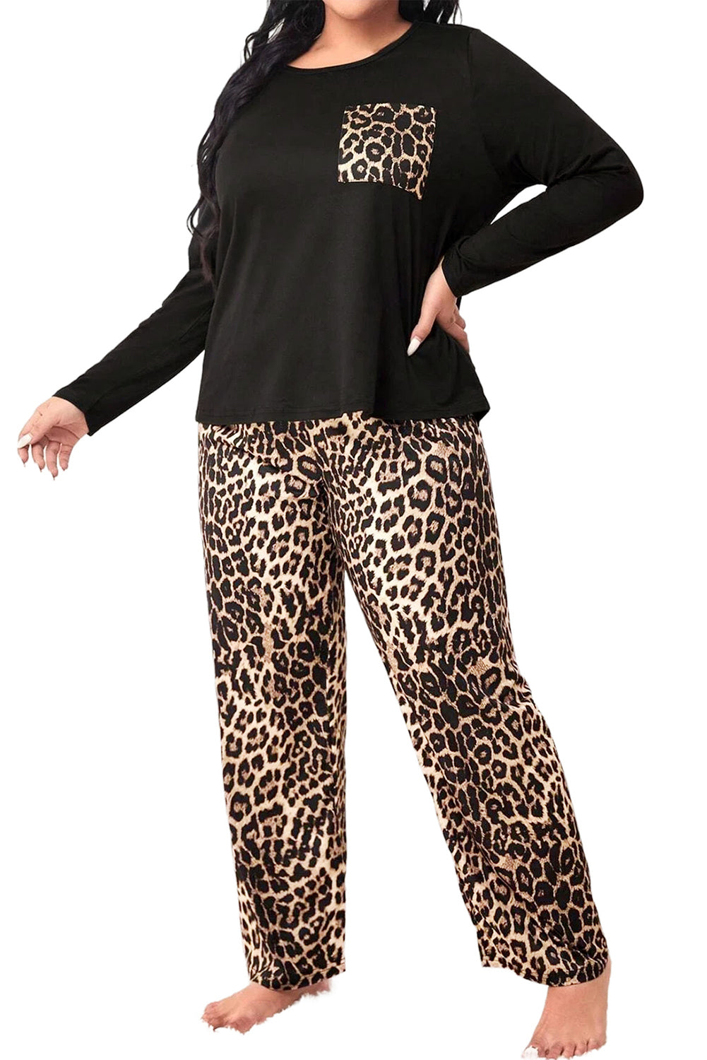 Leopard Patched Long Sleeve Plus Size Pajama Set