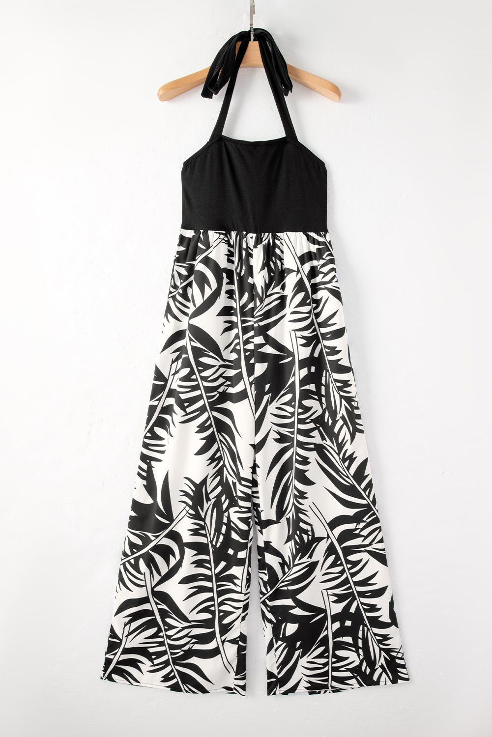 Black Halter Tropical Print Wide Leg Jumpsuit