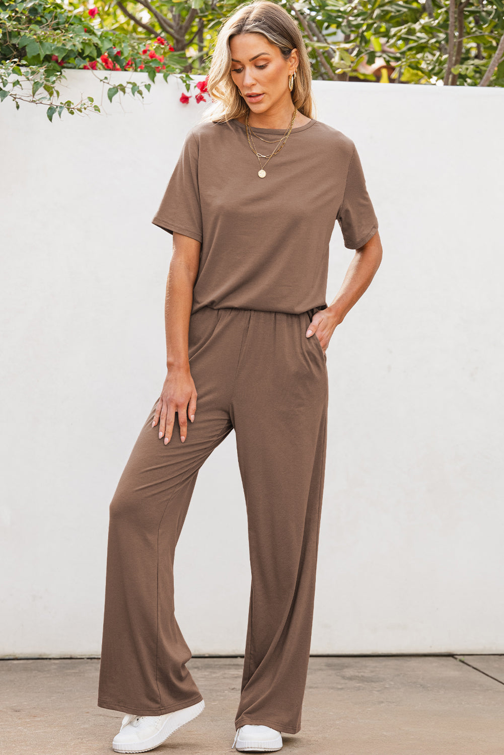 Solid Color T Shirt & Wide Leg Pants Set