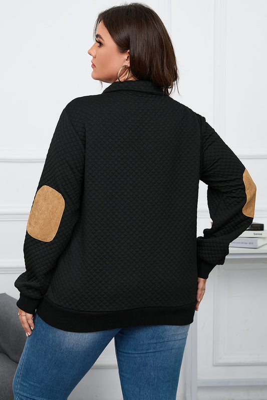 Black Plus Size Quilted Plaid Patch  Sweatshirt