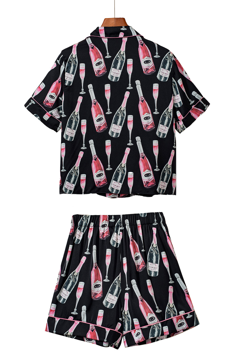 Black Champagne Print Silky Pajamas Set