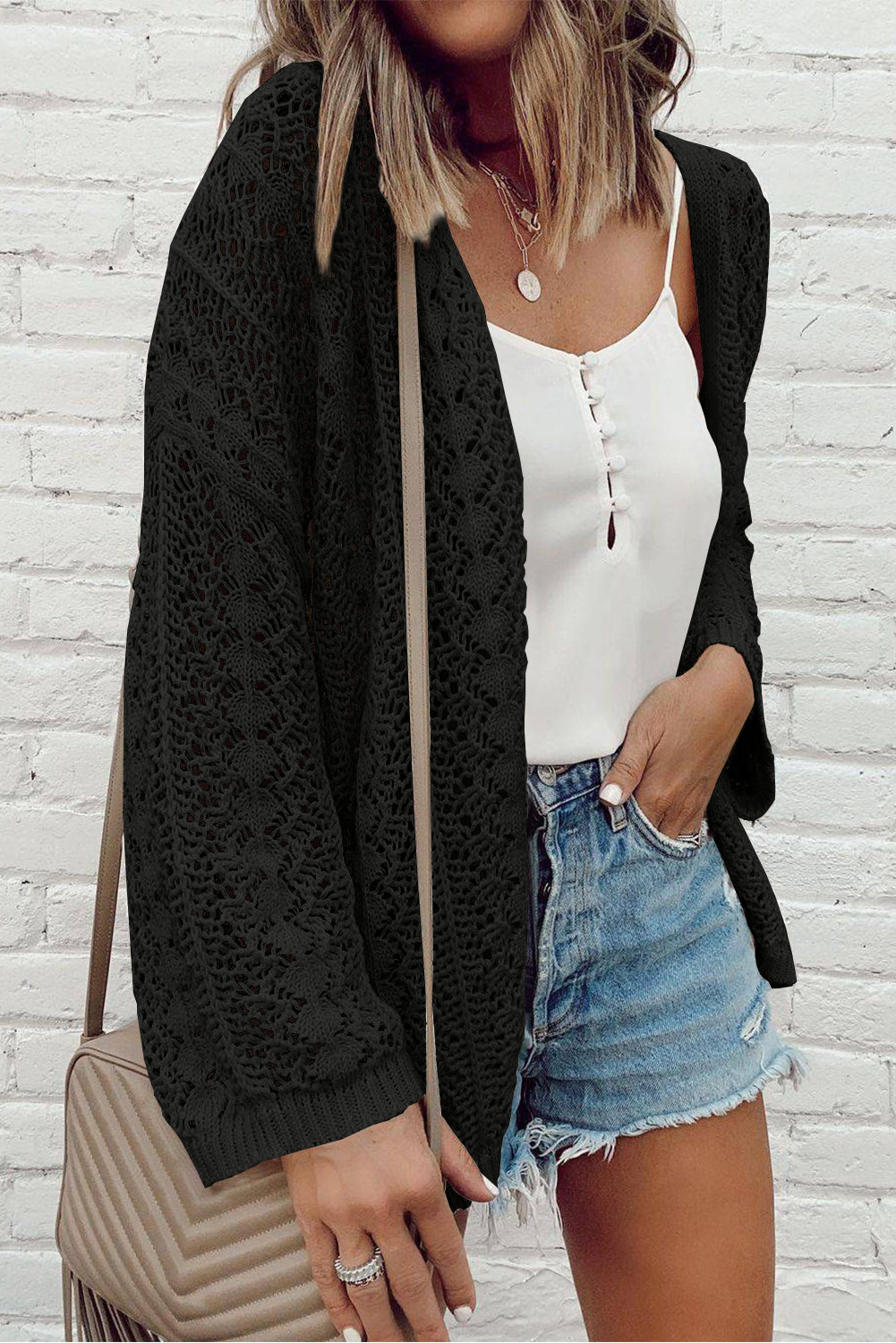 Casual Apricot Hollow Out Knit Cardigan