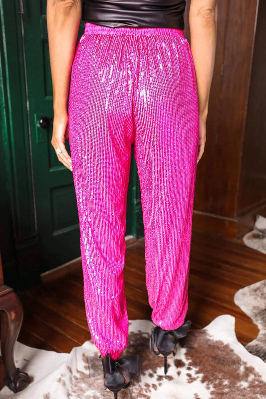 Rose Pink Sequins Elastic Waist Jogger Pants