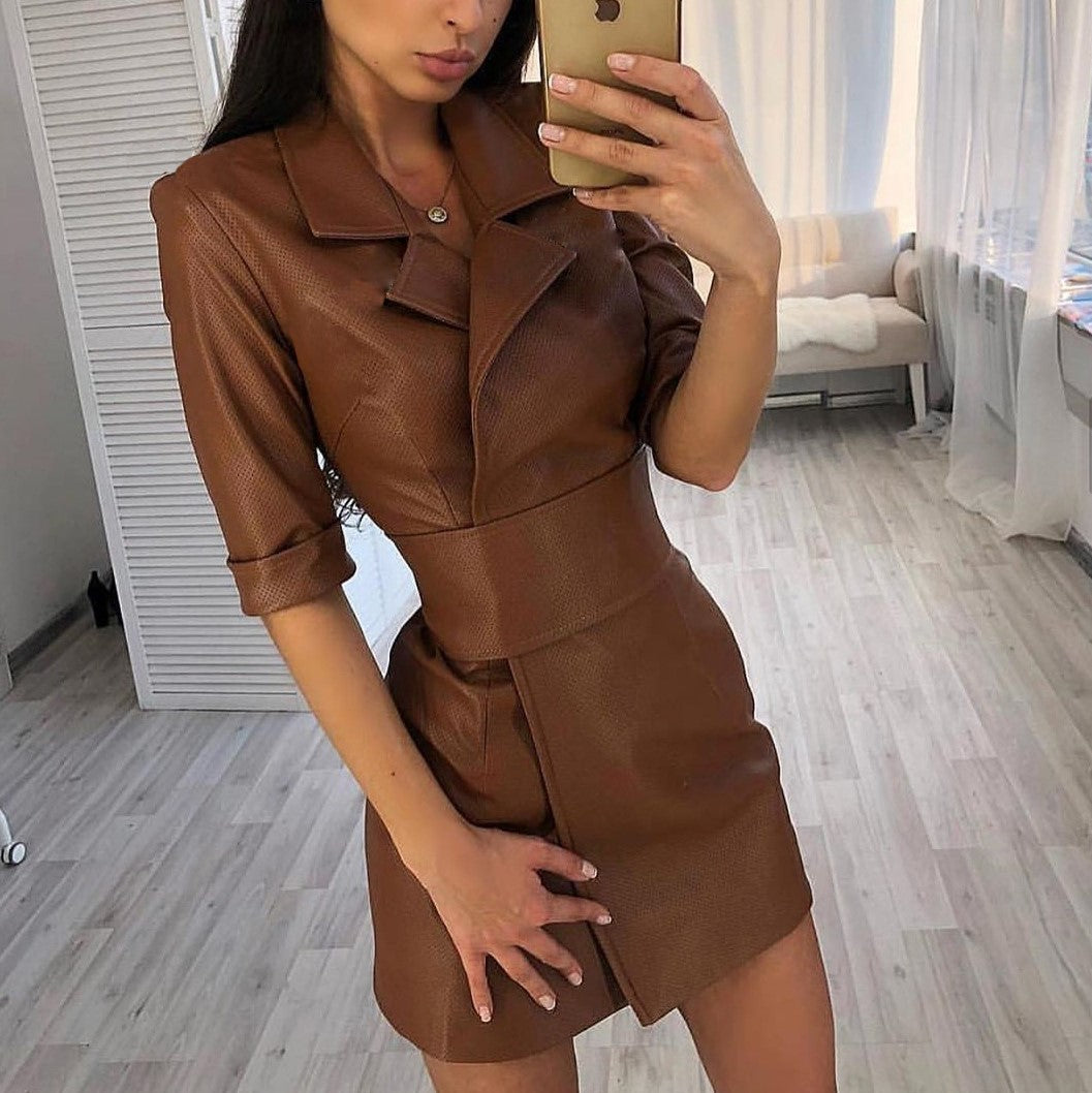 Solid Color PU Leather Mini Dress