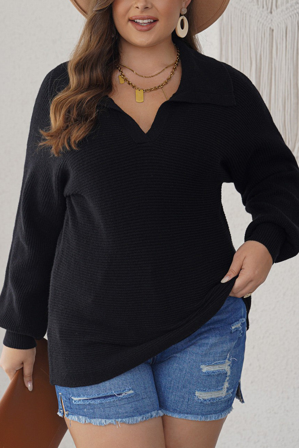 Black Ribbed Knit Lapel Neck Curvy Sweater