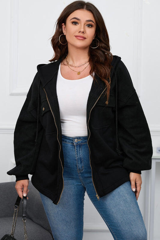 Black Plus Size Zip Up Hooded Jacket