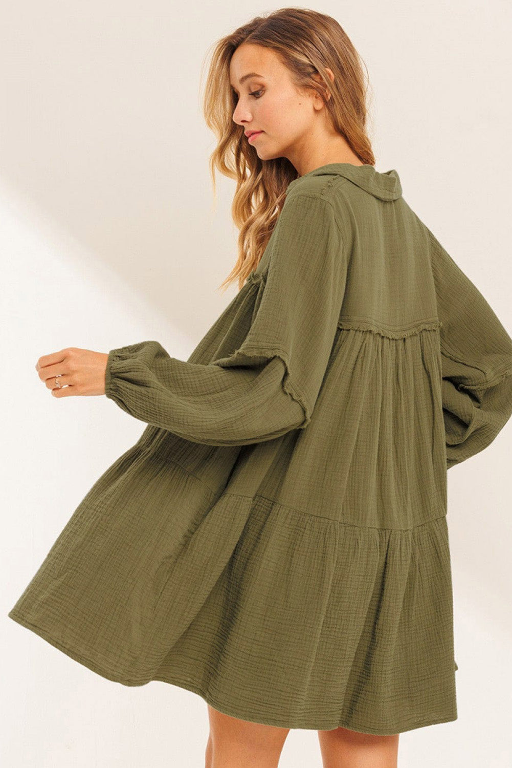 Green Frayed Trim Puff Sleeve Flared Dress