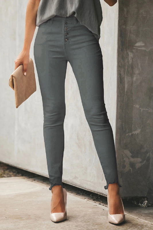 Gray High Waisted Frayed Hem Denim Jeans